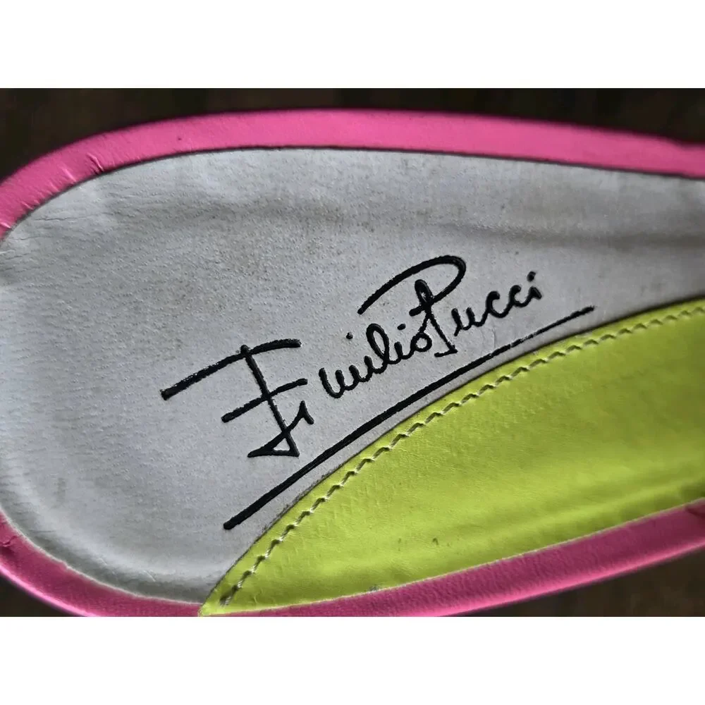 Emilio Pucci Leather Neon Monogram Medallion Stiletto Heel Mules Italy Size 38.5